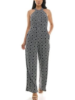 Nina Leonard Black and White Geometric Halter Jumpsuit